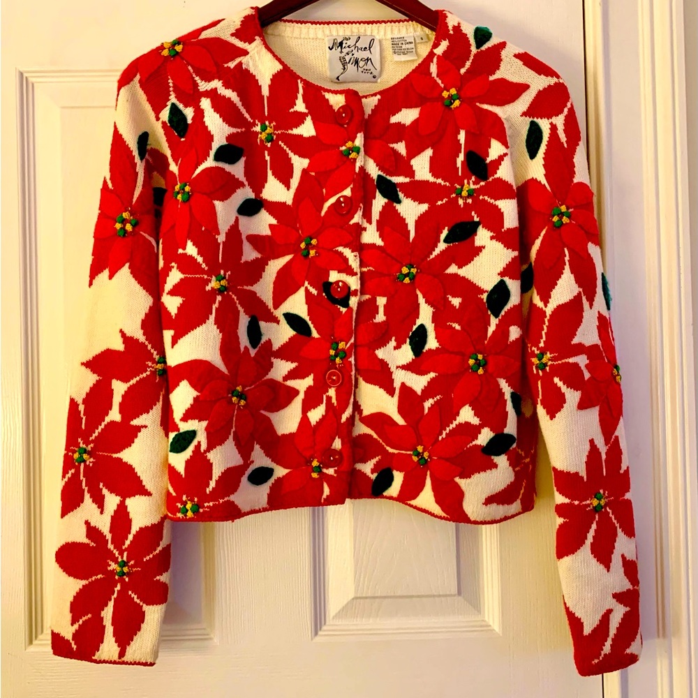 Rare Vintage Michael Simon Embroidered Collectible Christmas Sweater Red/White